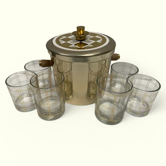 Georges Briones Gold Tone Ice Bucket w 6 Mid Century Plaid Print Rocks Glasses - Picture 7 of 10